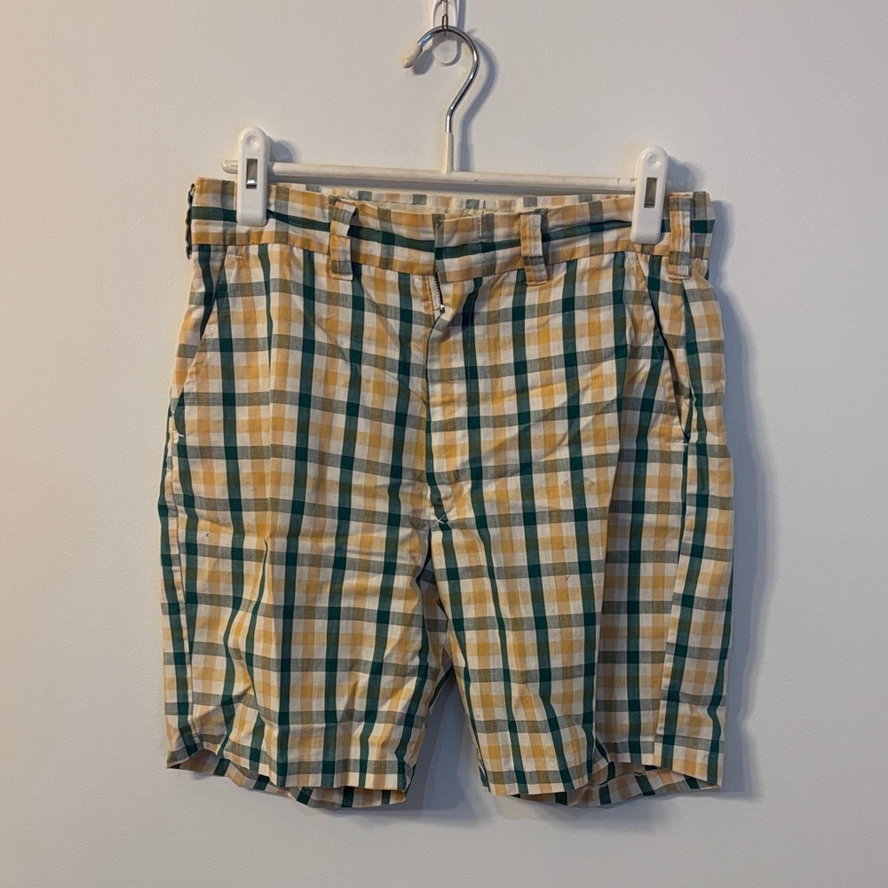Vintage Men's Plaid Cotton Shorts - Yellow & Green
